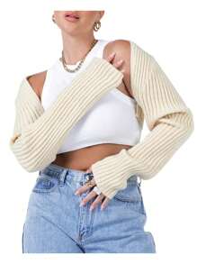 Newest Autumn New Woolen Blouse Women Ultra-Short Knitted Sweater Jacket Sexy Style Simple Solid Color Loose Version Jacket - Màu be - Xem 2