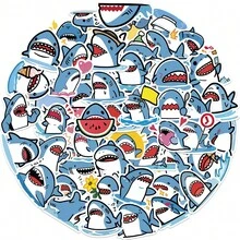 PickJoy 50 张卡通鲨鱼贴纸 - 乙烯基自粘混色贴花，适用于笔记本电脑、行李箱、滑板 - 可重复使用的闪光不对称形状，哑光饰面，适用于玻璃表面和 DIY 装饰 - 彩色 - 查看 4