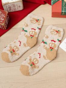 1 Pasang Kaos Kaki Pria Nyaman Kasual Musim Dingin Motif Kue Jahe Natal Setinggi Betis - MultiWarna - View 3
