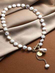 复古仿珍珠吊坠 OT 扣项链优雅女士项链 - 白色 - 查看 3