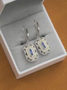 AIHUASI 1pair Glamorous AAAAA Cubic Zirconia Blue Spinel Decor Geometric Silver Drop Earrings For Women For Daily Decoration Valentines Gift - Silver - View 9