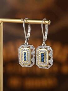 AIHUASI 1pair Glamorous AAAAA Cubic Zirconia Blue Spinel Decor Geometric Silver Drop Earrings For Women For Daily Decoration Valentines Gift - Silver - View 5