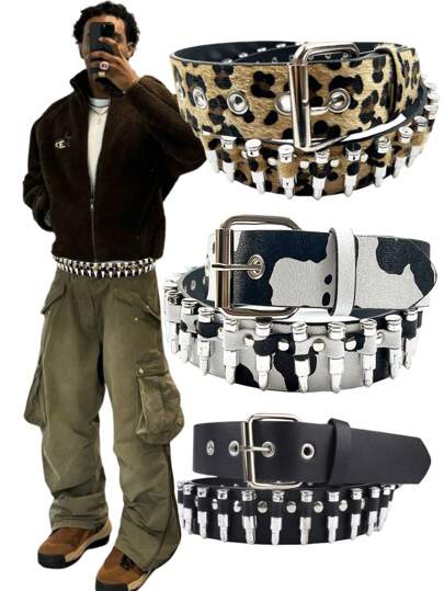 Retro Fluffy Leopard Print Bullet-Shaped Belt For Men, Large Size Punk Gothic Streetwear Fit For Casual Wear & Holidays Halloween Summer, School Casual, Business, Boyfriend Husband Father Dad Men Gift, Daily Wear, Fashion, Teen, Outdoor, Vacation, Athletic, Travel, Street, Boho, Vintage Fall, Autumn, Halloween Autumn-Winter Accessories,Suitable For Teens, Youth,Men,Casual, Outdoor, Athletic, Vacation, Graduation Gifts, Birthday, Daily Wear