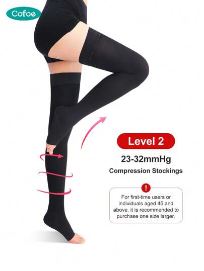 Cofoe 1雙 23-32 毫米汞柱大腿壓力襪 2 級及膝壓力襪女式男露趾壓力襪