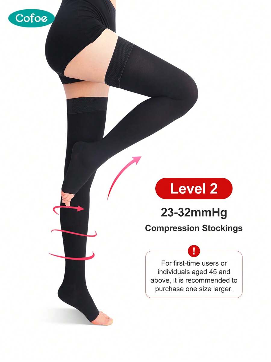 Cofoe 1雙 23-32 毫米汞柱大腿壓力襪 2 級及膝壓力襪女式男露趾壓力襪