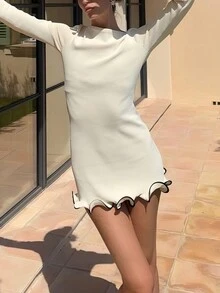 Đầm ôm sát tay dài viền bèo dành cho nữ, thanh lịch và gợi cảm, thích hợp cho tiệc tùng, kỳ nghỉ, ngày Valentine, mùa xuân/hè. - Màu be - Xem 4