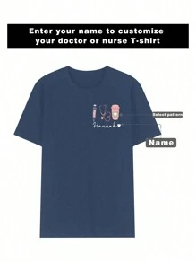 Customized Women's Syringe & Stethoscope Graphic Crew Neck Top, Add Your Own Text And Images (Family Photo/Selfie/Pet Photo/Friend Photo) To Design Your Personalized Printed T-Shirt, Nursing Week Birthday Gift For Nurses & Doctors, Logo | Business | Wedding Gift | Party Wear | Birthday Gift,Easy Comfort,Women Apparel,Customized Women Tops - Navy Blue - View 1