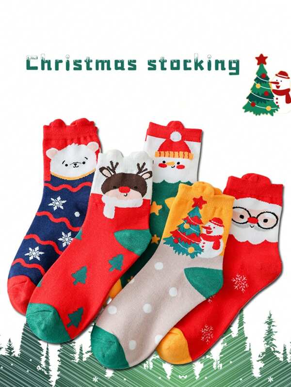 5 pares de calcetines navideños de dibujos animados para niños y niños pequeños con diseños de oso, ciervo y árbol de Navidad, aptos para uso diario