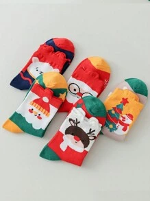 5 đôi tất Giáng sinh hoạt hình cho trẻ em và trẻ mới biết đi có hình gấu, hươu và cây thông Noel, phù hợp để mặc hàng ngày - Nhiều màu - Xem 6