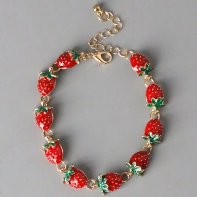 1pc Simple Casual Fresh Forest Themed Alloy Drop Oil Strawberry Bracelet For Women