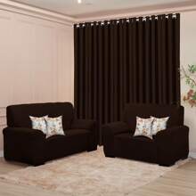Living Room Kit Plain Curtain 3 Meters + 3 And 2 Sofa Covers + 4 Floral Cushion Covers Living Room, Decoration, Protector - 棕色套件 - 查看 1