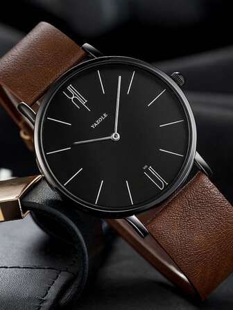 1pc Outdoor Men Watch Leather Military Sports Analog Quartz Wristwatch Decoration Business Man Clock