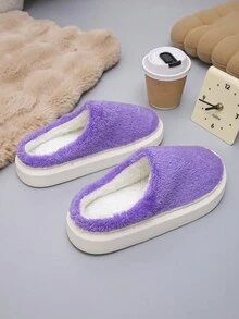 女士简约纯色厚毛绒一脚蹬拖鞋，保暖室内家居鞋，防滑软底，适合秋冬季 - 紫色 - 查看 3