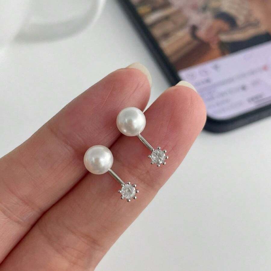 1 对 S925 纯银仿珍珠耳环，简约时尚女士钩式耳环 - 銀色 - 查看 1