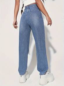 Women Fashion Ripped Straight-Leg Jeans, Casual Style, Button Zipper, Pocket Solid Color Denim Pants