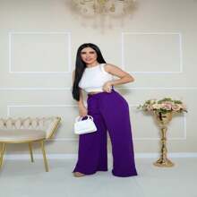 Chic Elegant Slit Trousers Fine Linen Fabric Refined Style We Have Plus Size - Purple - View 5