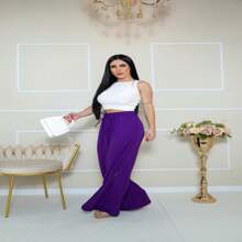 Chic Elegant Slit Trousers Fine Linen Fabric Refined Style We Have Plus Size - Purple - View 7