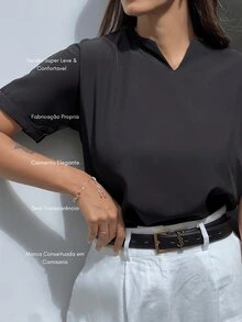 Women's V-Neck Blouse, Short Sleeve, Loose, Elegant - 黑色 - 查看 2