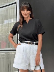 Women's V-Neck Blouse, Short Sleeve, Loose, Elegant - 黑色 - 查看 5