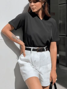 Women's V-Neck Blouse, Short Sleeve, Loose, Elegant - 黑色 - 查看 1