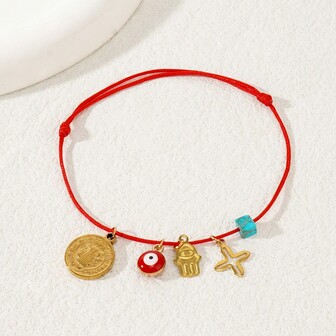 1pc Cross, Palm, Red Alloy Eye Tag & Red Cord Bracelet, Elastic Multi-Color Bracelet Suitable For Women Daily Wear
