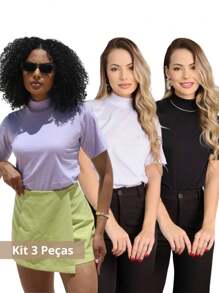 Kit 3 T Shirt High Neck Oversize Sleeve Women's High Neck Blouse Short Sleeve Basic Plain Black White Nude Candy Color T-Shirt - Màu Lilac Tím - Xem 1