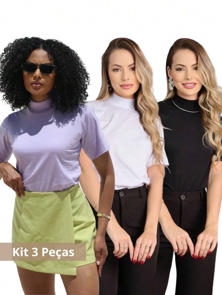 Kit 3 T Shirt High Neck Oversize Sleeve Women's High Neck Blouse Short Sleeve Basic Plain Black White Nude Candy Color T-Shirt - Màu Lilac Tím - Xem 1