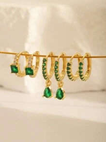6 Stück/Set Türkis-Ohrringe, Ohrringe mit geometrischem Zirkonienstein-Hänger auf Kupferbasis, personalisierter Schmuckgeschenk für Damen, geeignet für den täglichen Gebrauch, Feste, Partys, Dates