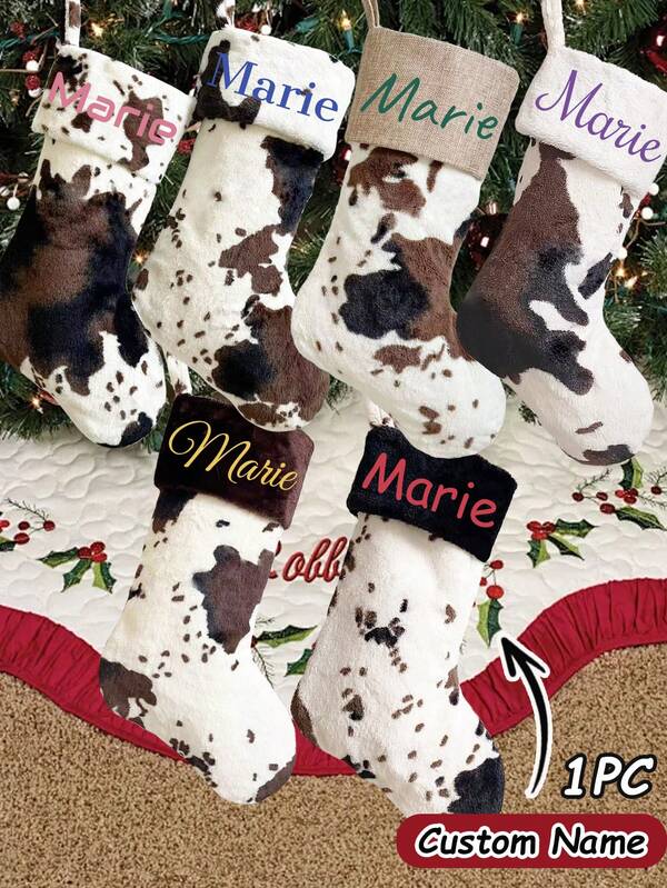 LICVIC 1pc Personalized Christmas Stockings With Names, Custom Name Christmas Stocking, 20" Cow Print Plush Large Xmas Stockings For Family Christmas Holiday Party Decoration Personalized Plush Christmas Stockings Cow Large 20" Fur Christmas Stockings Customize Name Farmhouse Custom Stockings