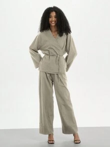 Women Casual Solid Color Kimono Top And Pants Set - Khaki - View 2