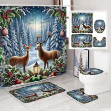 1/4 chiếc Bộ rèm tắm màu xanh lá cây trắng họa tiết hươu mùa đông Giáng sinh kèm rèm tắm và thảm Polyester chống thấm nước có thể giặt bằng máy dùng trang trí phòng tắm hoặc vòi hoa sen kèm 12 móc chống trượt hình chữ U dùng để che nắp bồn cầu - màu nâu - Xem 1