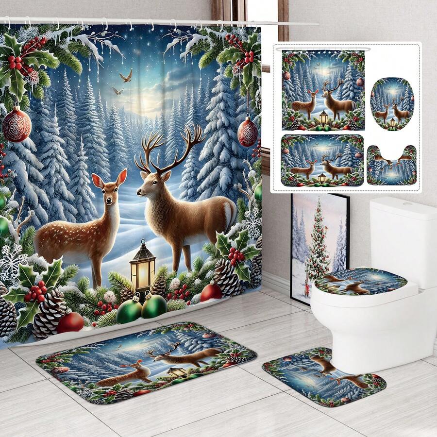 1/4 chiếc Bộ rèm tắm màu xanh lá cây trắng họa tiết hươu mùa đông Giáng sinh kèm rèm tắm và thảm Polyester chống thấm nước có thể giặt bằng máy dùng trang trí phòng tắm hoặc vòi hoa sen kèm 12 móc chống trượt hình chữ U dùng để che nắp bồn cầu - màu nâu - Xem 1