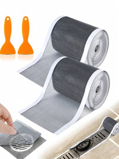1roll 5m Cutable Shower Drain Hair Catcher,Self-Adhesive Floor Drain Stickers, For Bathroom Disposable Mesh Sink Strainer Filter.