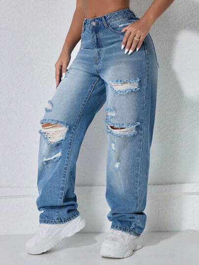 High Waist Street Vintage Fashion Cassual Basic Blue Ripped Vent Waisted Slanted Pocket Slit Straight Leg Boyfriend Women'S Jeans