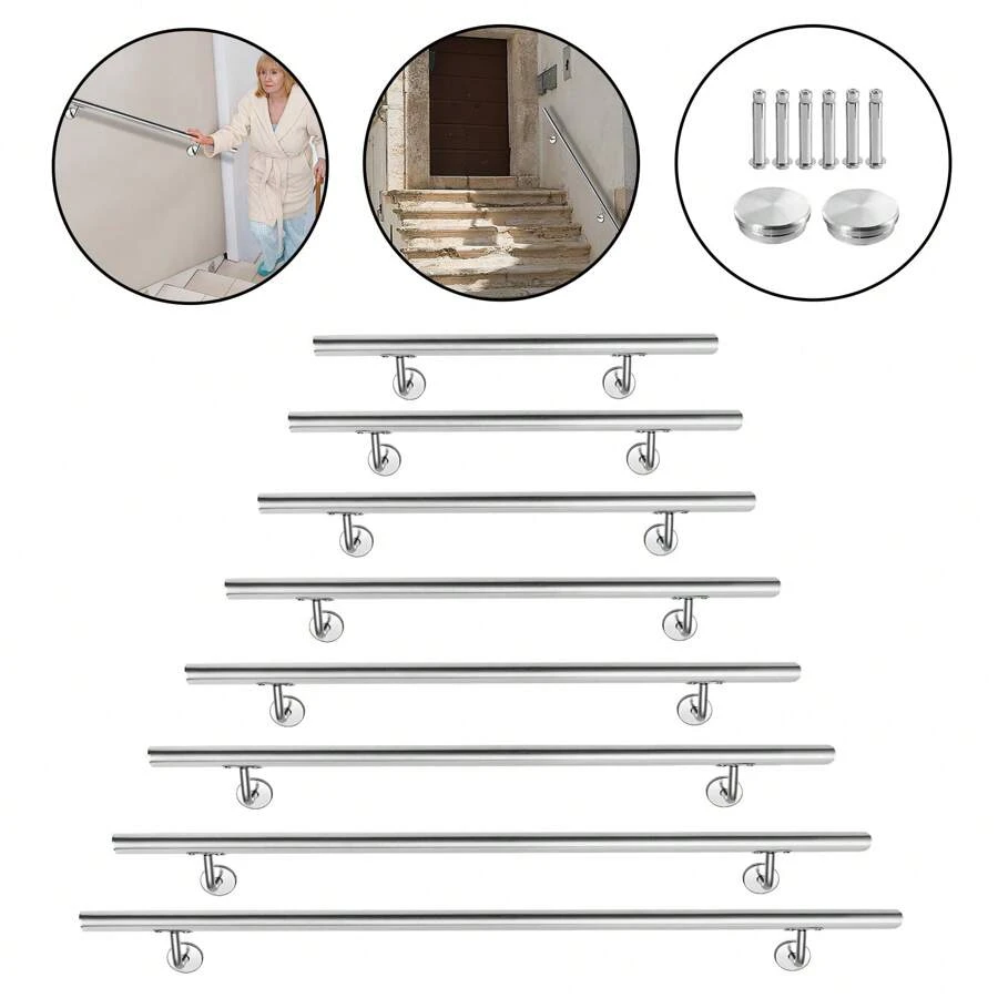YUENFONG Handrail Railing Stainless Steel Stair Railing With Metal Dowels Wall Handrail Wall Bracket For Handrail Stainless Steel Outside, Balcony, Parapet, Stainless Steel Look (60cm, 80cm, 100cm, 120cm, 150cm, 160cm, 180cm, 200cm) - 銀色-200cm - 查看 1