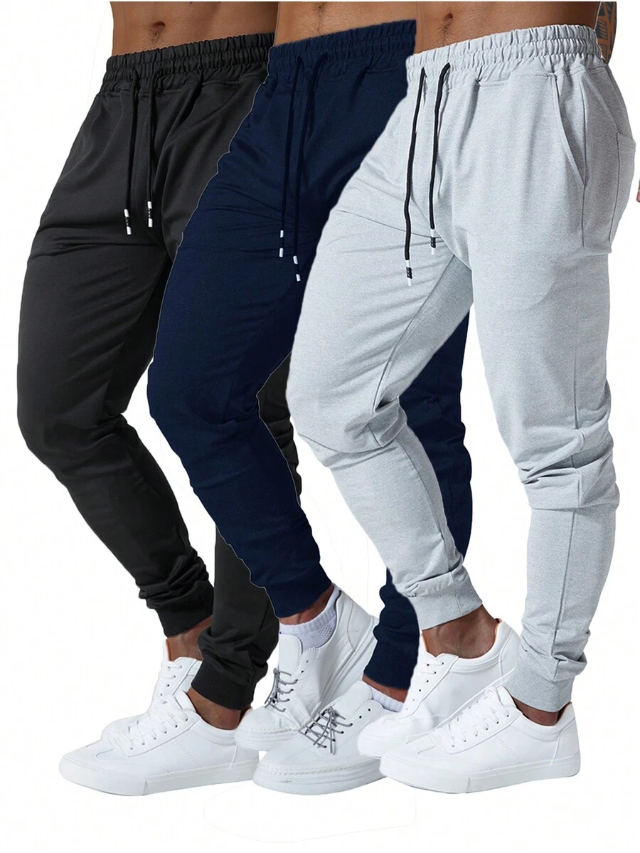 3 Pcs Men Jogger Sweatpants Slim Fit Elastic Drawstring Deep Side Pockets Athletic Track Pants For Gym Running Workout - Đen + Xám nhạt + Xanh navy - Xem 1