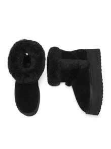 Women Platform Furry Snow Boots Genuine Suede Faux Fur Classic Warm, Slip-On Comfortable Ankle Support Design With Memory Foam Winter Festive Christmas Outdoor Black Boots - 黑色 - 查看 6