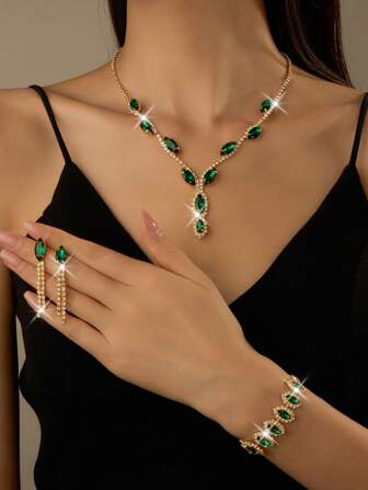 3-Piece Rhinestone Jewelry Set Gold Necklace, Earrings, Bracelet Fashion Set, Suitable For Women's Daily Wear, Weddings, Parties, Etc.