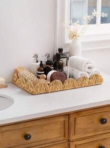 3pcs (S+M+L)/1pc Handwoven Willow Baskets, Scalloped Edge Water Hyacinth Rectangular Storage Baskets, Decorative Wicker Baskets For Coffee Table And Furniture Decor, Holiday Gift Organizer, Boho Reusable Storage Bins For Stationery, Closet, Toys, Cosmetics, Desk Organization, Ideal Gift Basket - Khaki - View 4