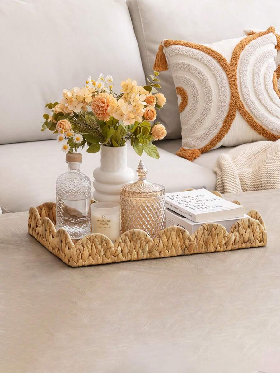 3pcs (S+M+L)/1pc Handwoven Willow Baskets, Scalloped Edge Water Hyacinth Rectangular Storage Baskets, Decorative Wicker Baskets For Coffee Table And Furniture Decor, Holiday Gift Organizer, Boho Reusable Storage Bins For Stationery, Closet, Toys, Cosmetics, Desk Organization, Ideal Gift Basket - Khaki - View 1