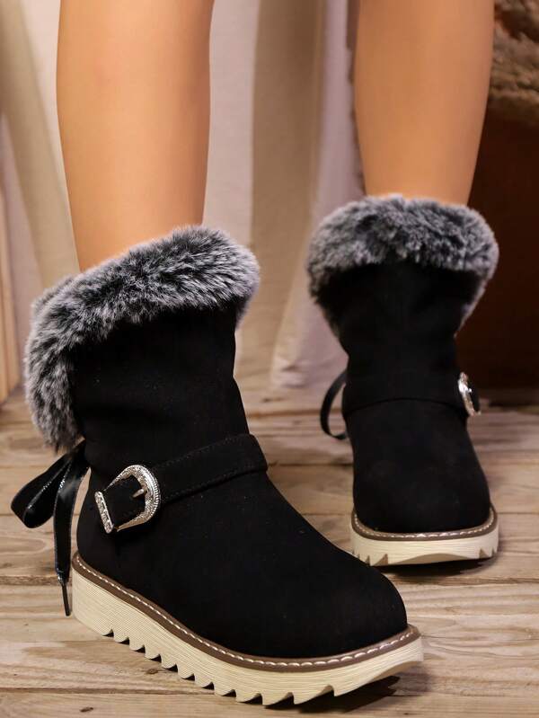 Women's Retro Thick Warm Winter Snow Boots, Black, Bowknot Design Velvet Shaft, Thick Sole Casual Short Boots, Comfortable All-Match Outdoor Mid-Calf Boots