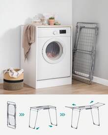 SONGMICS Stendibiancheria da pavimento 56,5 x 173 x 96,5 cm, stendibiancheria ala, salvaspazio con supporto per calze in metallo, per vestiti, asciugamani, biancheria, grigio/bianco - Grigio - Visualizzare 4