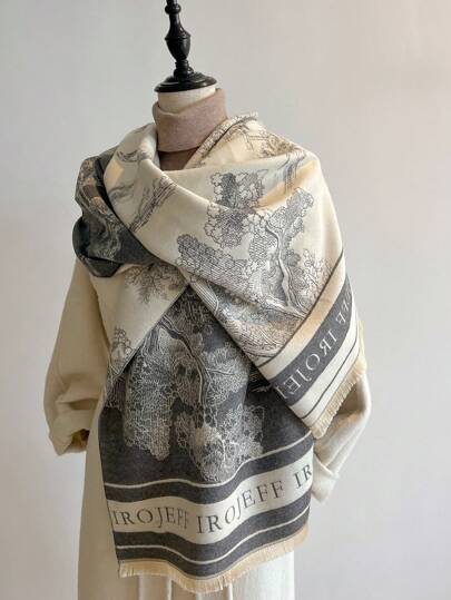 1pc Women Plant Print Jacquard Warm Scarf Shawl, Suitable For Daily Matching, Autumn/Winter Accessories Women