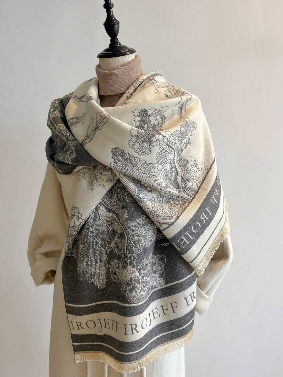 1pc Women Plant Print Jacquard Warm Scarf Shawl, Suitable For Daily Matching, Autumn/Winter Accessories Women