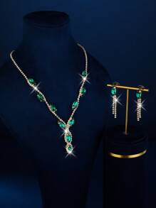 Conjunto de Joias com 3 Peças de Cristais, Conjunto de Colar Dourado, Brincos e Pulseira da Moda, Adequado para Uso Diário de Mulheres, Casamentos, Festas, Etc.