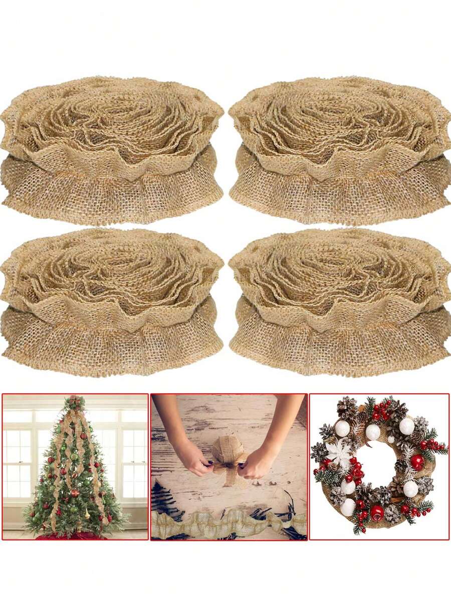 4pcs-Christmas Tree Ribbon Garland Rough Linen Ribbon Garland 26.2ft (Approx.8m),Rustic Farmhouse Country Christmas Tree Decoration,Neutral Natural Jute Rough Linen Fabric,Vintage Home Decor Wedding DIY Crafts,Christmas - Brown - View 1