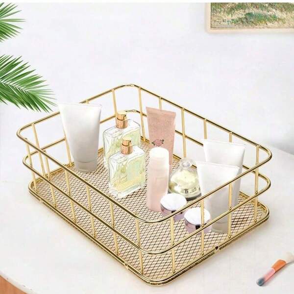 1 pieza Cesta de almacenamiento de metal estilo escandinavo, organizador de escritorio para maquillaje, joyería, artículos de papelería, bocadillos, color dorado, para volver al colegio