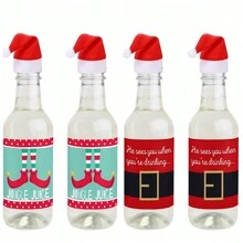 20pcs Christmas Wine Bottle Decoration Set Santa Belt Stickers Mini Wine And Champagne Bottle Label Stickers And Santa Hats Christmas Gift Decoration(10 Hats 10 Stickers)