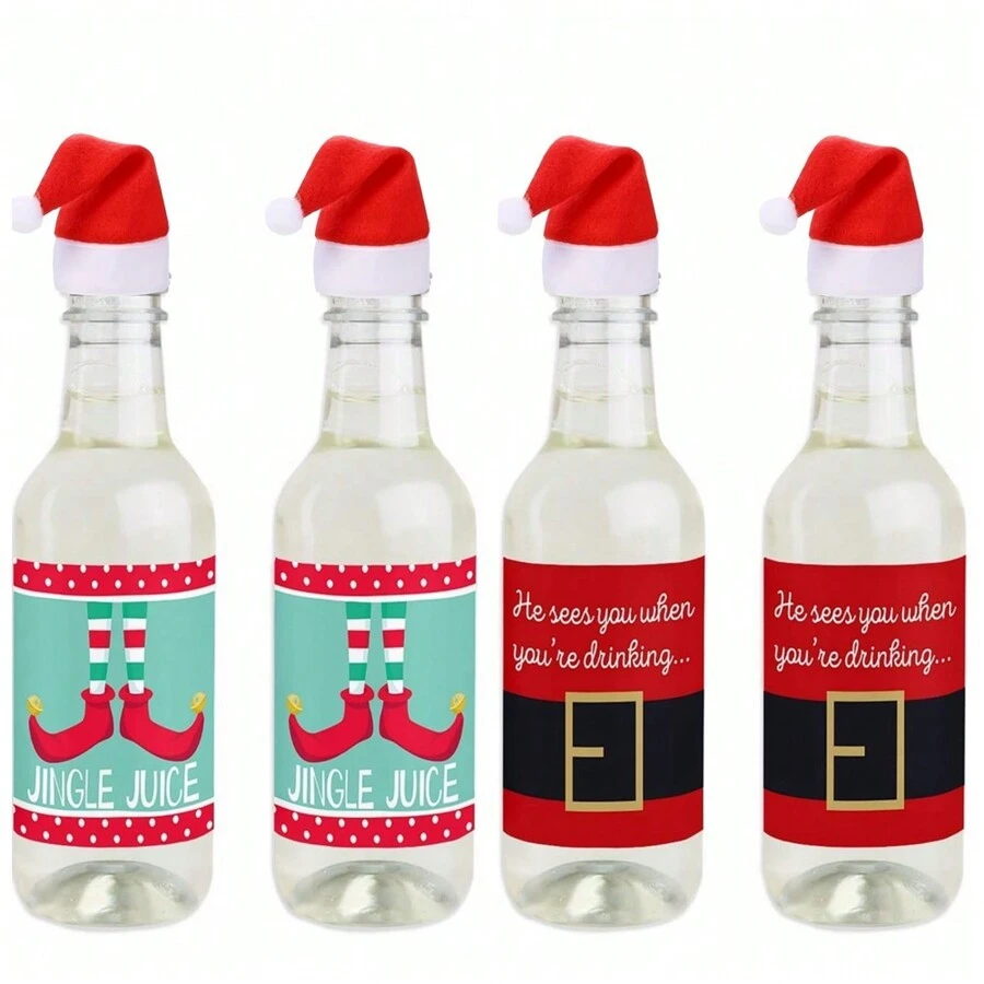 20pcs Christmas Wine Bottle Decoration Set Santa Belt Stickers Mini Wine And Champagne Bottle Label Stickers And Santa Hats Christmas Gift Decoration(10 Hats 10 Stickers)