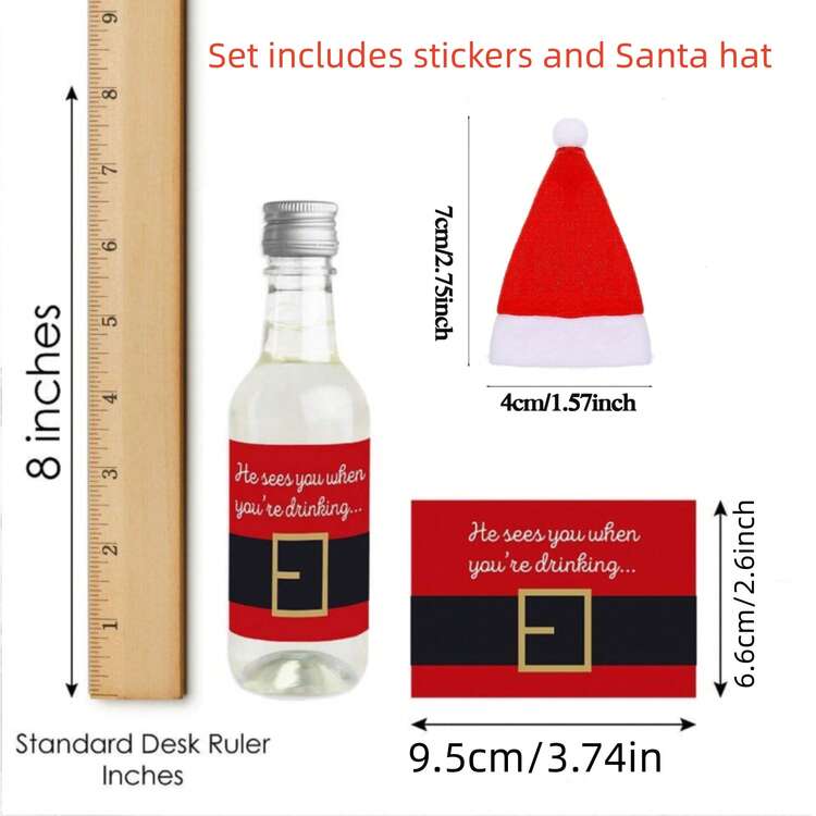 20 件圣诞酒瓶装饰套装圣诞老人腰带贴纸迷你葡萄酒和香槟瓶标签贴纸和圣诞帽圣诞礼物装饰（10 顶帽子 10 张贴纸） - 彩色 - 查看 2